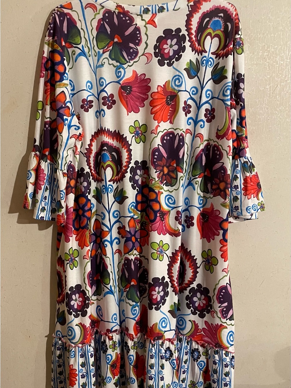 White Floral V-Neck  Dress with Multicolor Bloom Print by - Picture 2 of 4